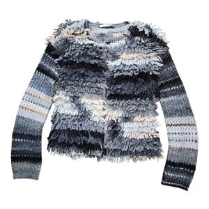 Trina Turk textured shaggy crochet knit striped cardigan in neutral tones